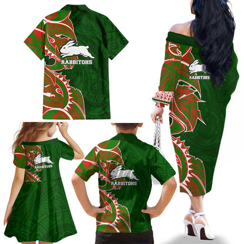 South Sydney Rabbitohs Family Matching Off The Shoulder Long Sleeve Dress and Hawaiian Shirt Polynesian Tribal Tattoo Pacific Sport Art