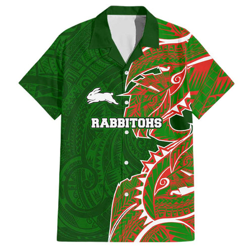 South Sydney Rabbitohs Family Matching Off The Shoulder Long Sleeve Dress and Hawaiian Shirt Polynesian Tribal Tattoo Pacific Sport Art