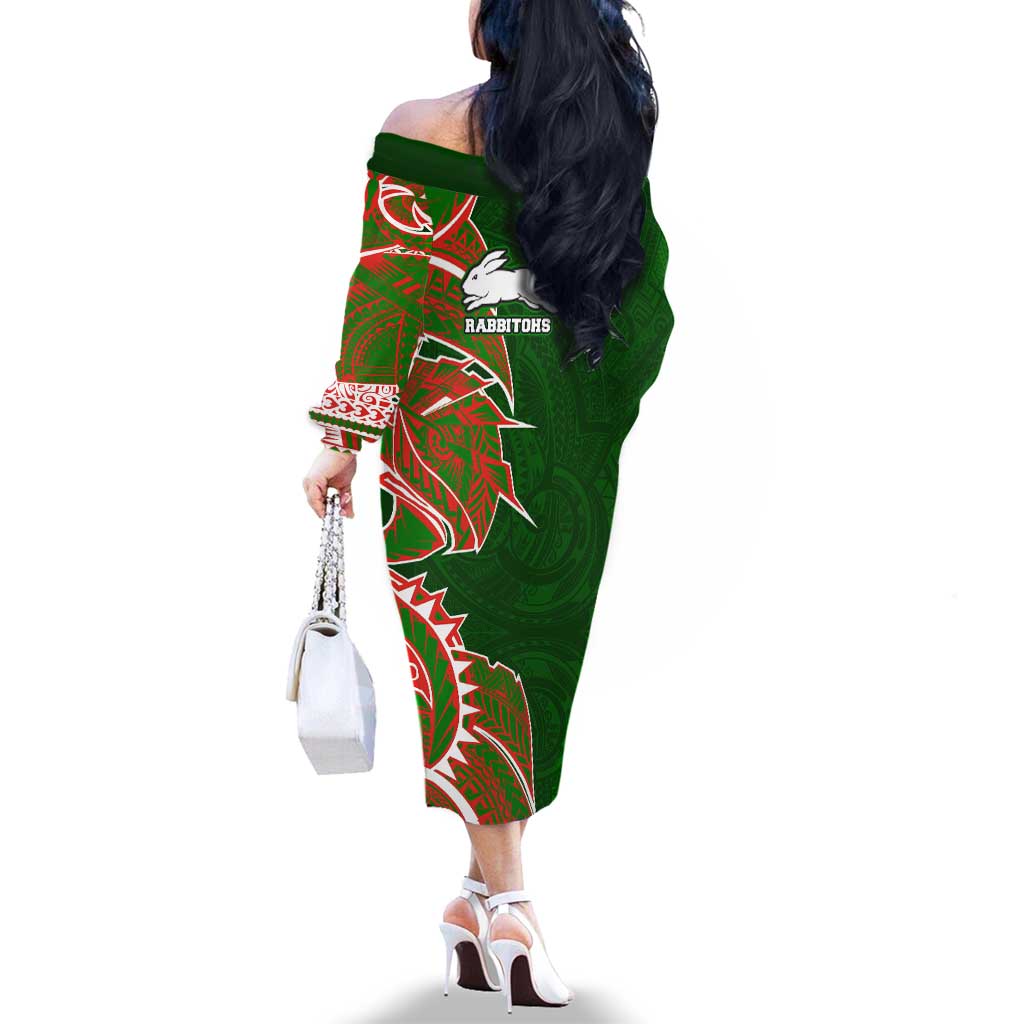 South Sydney Rabbitohs Family Matching Off The Shoulder Long Sleeve Dress and Hawaiian Shirt Polynesian Tribal Tattoo Pacific Sport Art