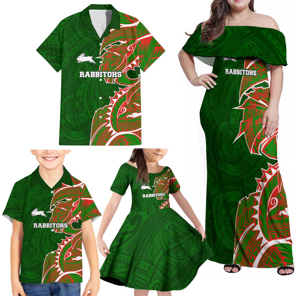South Sydney Rabbitohs Family Matching Off Shoulder Maxi Dress and Hawaiian Shirt Polynesian Tribal Tattoo Pacific Sport Art