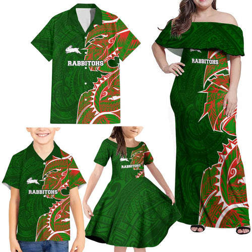 South Sydney Rabbitohs Family Matching Off Shoulder Maxi Dress and Hawaiian Shirt Polynesian Tribal Tattoo Pacific Sport Art