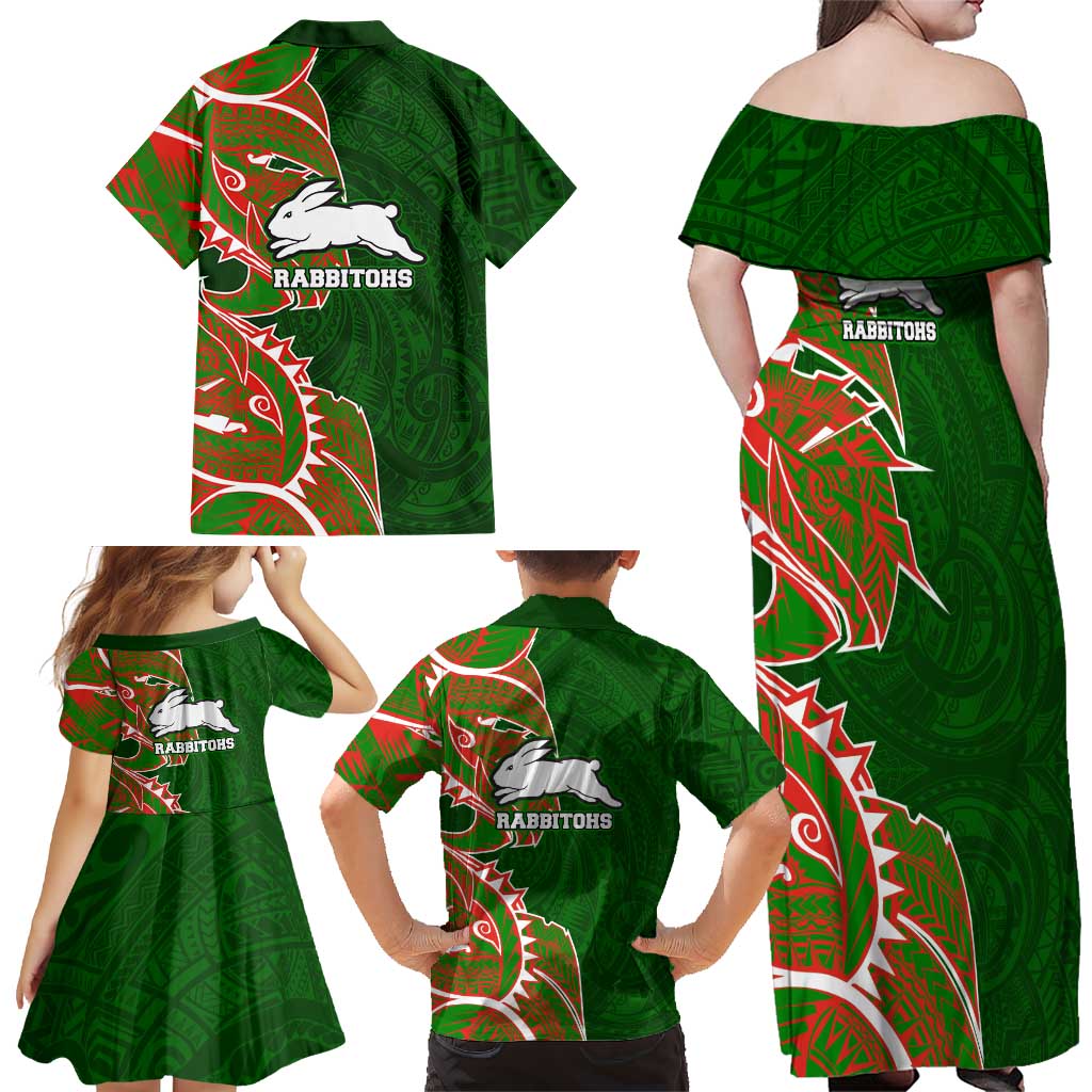 South Sydney Rabbitohs Family Matching Off Shoulder Maxi Dress and Hawaiian Shirt Polynesian Tribal Tattoo Pacific Sport Art