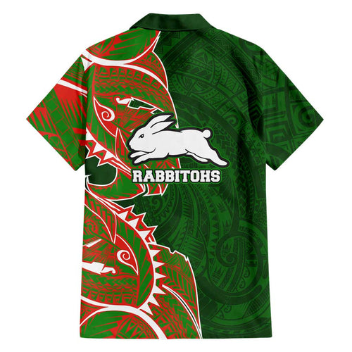 South Sydney Rabbitohs Family Matching Off Shoulder Maxi Dress and Hawaiian Shirt Polynesian Tribal Tattoo Pacific Sport Art