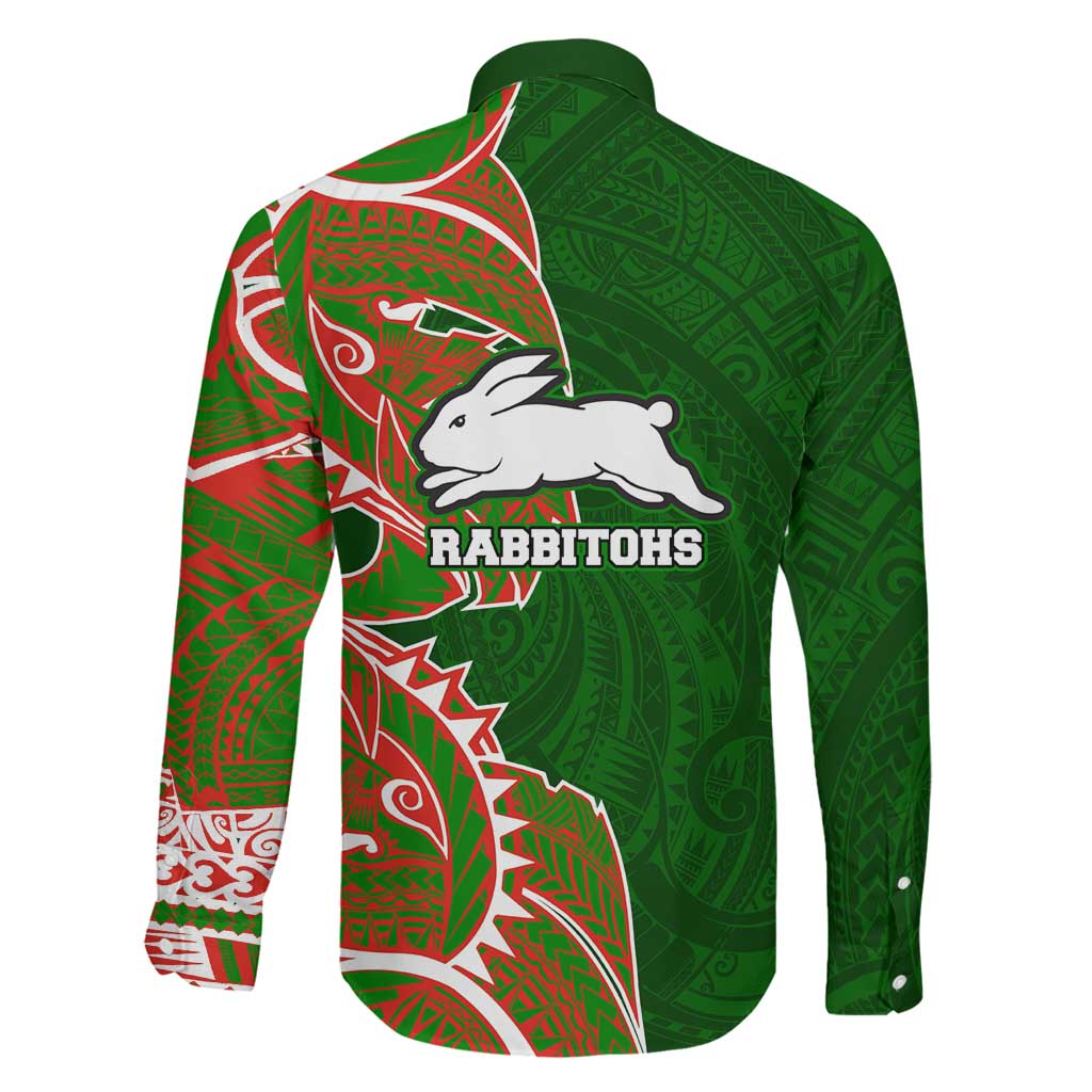 South Sydney Rabbitohs Family Matching Off Shoulder Maxi Dress and Hawaiian Shirt Polynesian Tribal Tattoo Pacific Sport Art