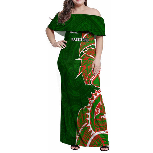 South Sydney Rabbitohs Family Matching Off Shoulder Maxi Dress and Hawaiian Shirt Polynesian Tribal Tattoo Pacific Sport Art