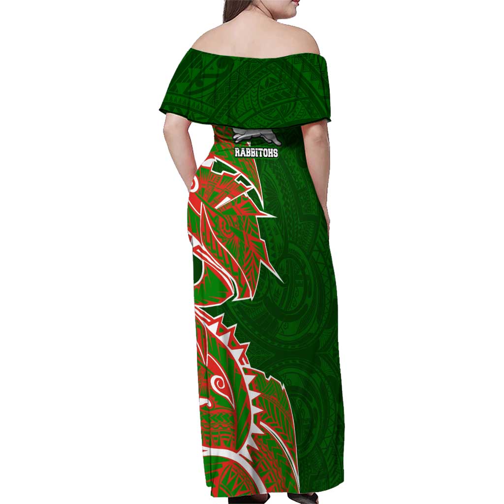 South Sydney Rabbitohs Family Matching Off Shoulder Maxi Dress and Hawaiian Shirt Polynesian Tribal Tattoo Pacific Sport Art