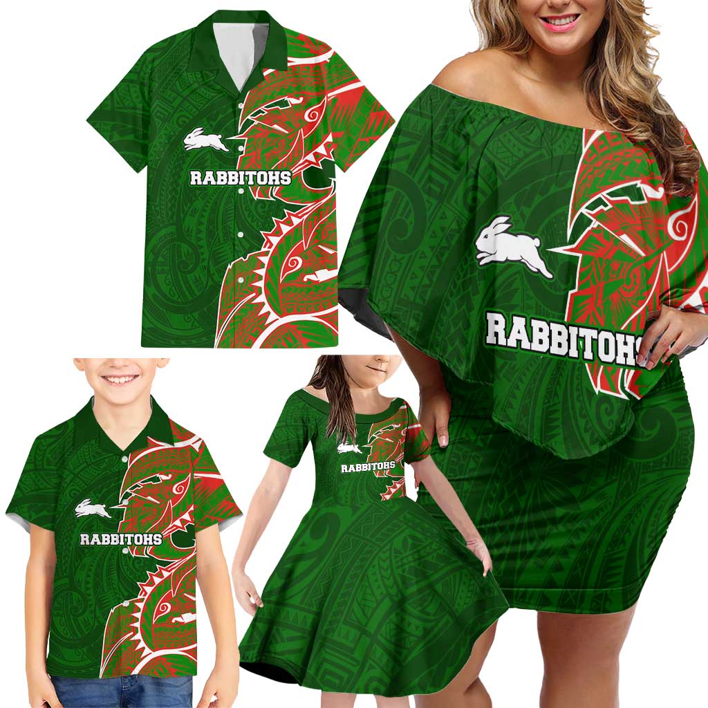 South Sydney Rabbitohs Family Matching Off Shoulder Short Dress and Hawaiian Shirt Polynesian Tribal Tattoo Pacific Sport Art