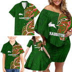 South Sydney Rabbitohs Family Matching Off Shoulder Short Dress and Hawaiian Shirt Polynesian Tribal Tattoo Pacific Sport Art