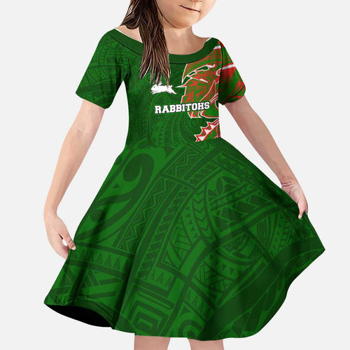 South Sydney Rabbitohs Family Matching Off Shoulder Short Dress and Hawaiian Shirt Polynesian Tribal Tattoo Pacific Sport Art