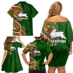 South Sydney Rabbitohs Family Matching Off Shoulder Short Dress and Hawaiian Shirt Polynesian Tribal Tattoo Pacific Sport Art