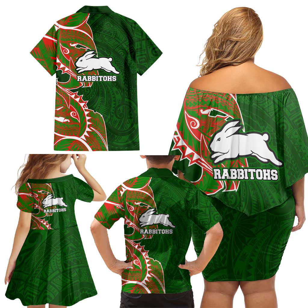 South Sydney Rabbitohs Family Matching Off Shoulder Short Dress and Hawaiian Shirt Polynesian Tribal Tattoo Pacific Sport Art