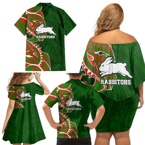 South Sydney Rabbitohs Family Matching Off Shoulder Short Dress and Hawaiian Shirt Polynesian Tribal Tattoo Pacific Sport Art