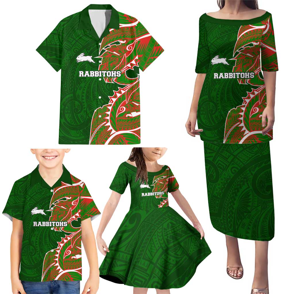 South Sydney Rabbitohs Family Matching Puletasi and Hawaiian Shirt Polynesian Tribal Tattoo Pacific Sport Art