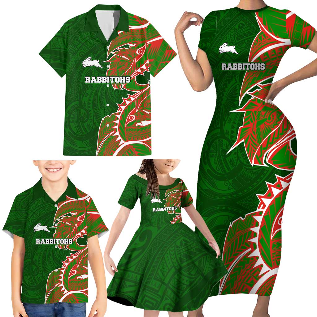 South Sydney Rabbitohs Family Matching Short Sleeve Bodycon Dress and Hawaiian Shirt Polynesian Tribal Tattoo Pacific Sport Art