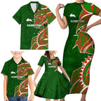 South Sydney Rabbitohs Family Matching Short Sleeve Bodycon Dress and Hawaiian Shirt Polynesian Tribal Tattoo Pacific Sport Art