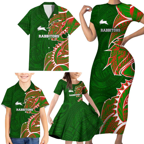 South Sydney Rabbitohs Family Matching Short Sleeve Bodycon Dress and Hawaiian Shirt Polynesian Tribal Tattoo Pacific Sport Art