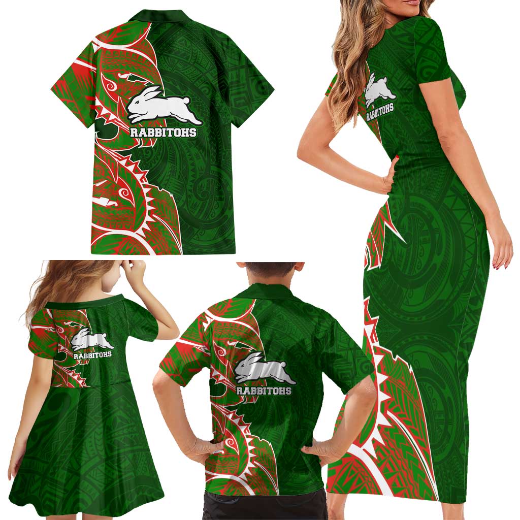 South Sydney Rabbitohs Family Matching Short Sleeve Bodycon Dress and Hawaiian Shirt Polynesian Tribal Tattoo Pacific Sport Art