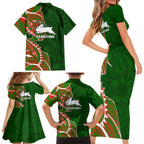 South Sydney Rabbitohs Family Matching Short Sleeve Bodycon Dress and Hawaiian Shirt Polynesian Tribal Tattoo Pacific Sport Art