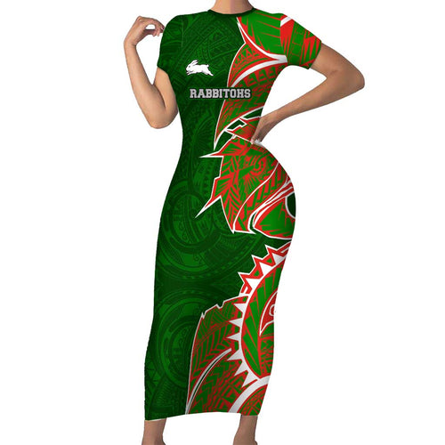 South Sydney Rabbitohs Family Matching Short Sleeve Bodycon Dress and Hawaiian Shirt Polynesian Tribal Tattoo Pacific Sport Art
