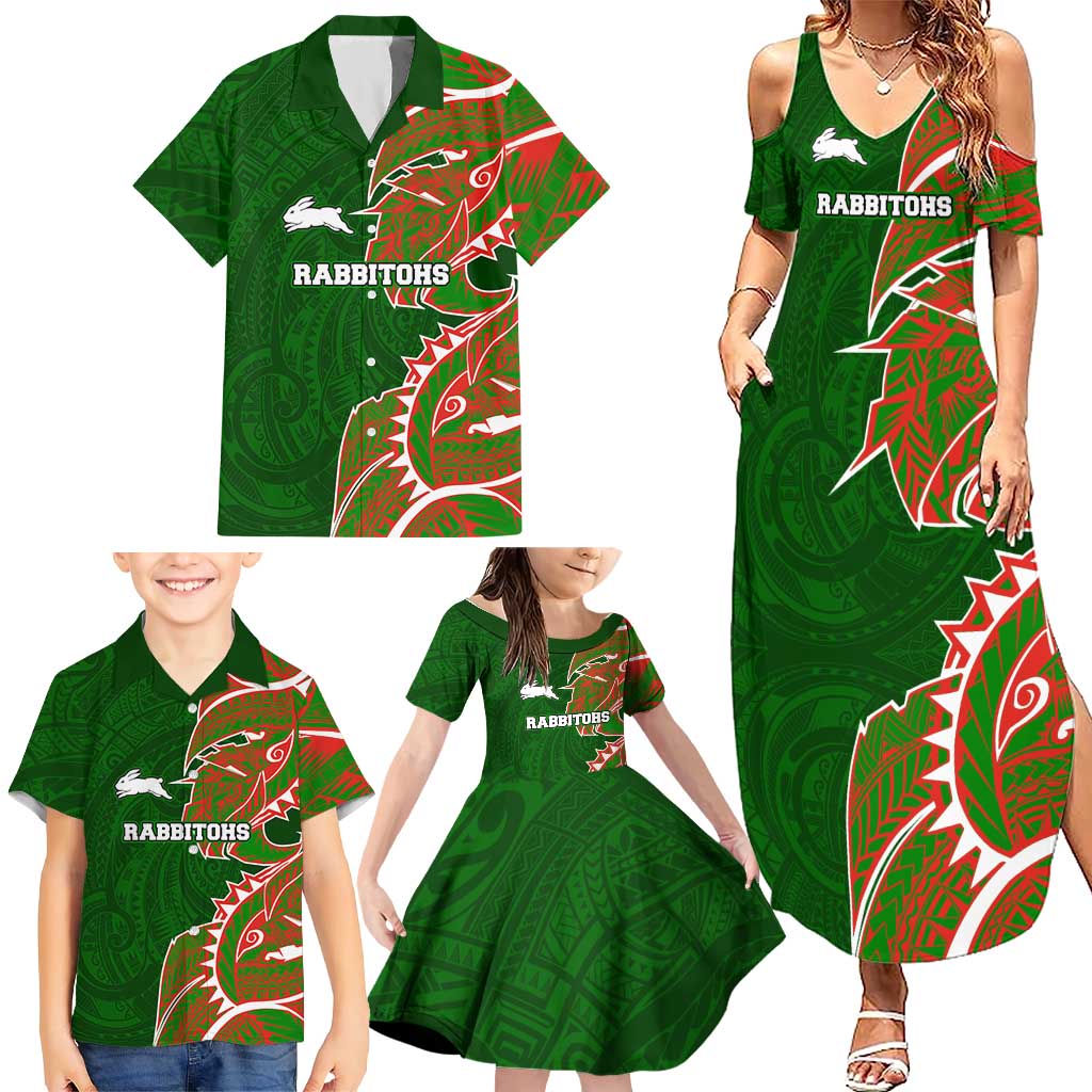 South Sydney Rabbitohs Family Matching Summer Maxi Dress and Hawaiian Shirt Polynesian Tribal Tattoo Pacific Sport Art