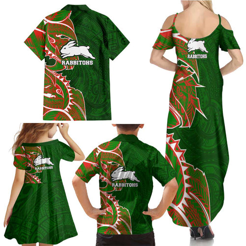 South Sydney Rabbitohs Family Matching Summer Maxi Dress and Hawaiian Shirt Polynesian Tribal Tattoo Pacific Sport Art