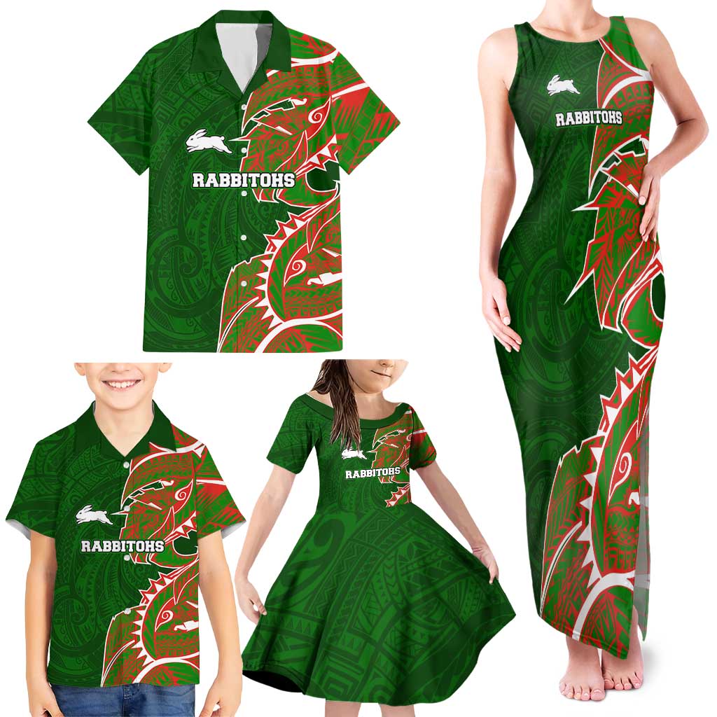 South Sydney Rabbitohs Family Matching Tank Maxi Dress and Hawaiian Shirt Polynesian Tribal Tattoo Pacific Sport Art
