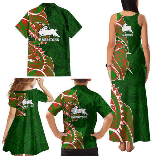 South Sydney Rabbitohs Family Matching Tank Maxi Dress and Hawaiian Shirt Polynesian Tribal Tattoo Pacific Sport Art