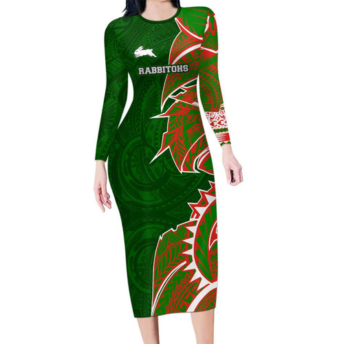 South Sydney Rabbitohs Long Sleeve Bodycon Dress Polynesian Tribal Tattoo Pacific Sport Art
