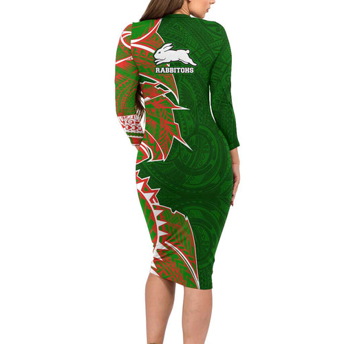 South Sydney Rabbitohs Long Sleeve Bodycon Dress Polynesian Tribal Tattoo Pacific Sport Art