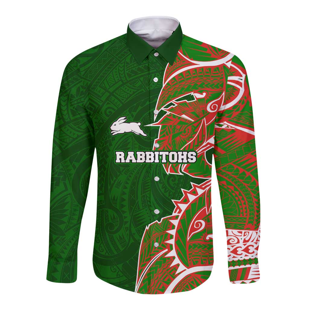 South Sydney Rabbitohs Long Sleeve Button Shirt Polynesian Tribal Tattoo Pacific Sport Art
