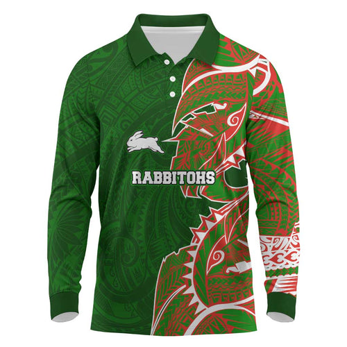 South Sydney Rabbitohs Long Sleeve Polo Shirt Polynesian Tribal Tattoo Pacific Sport Art