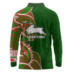 South Sydney Rabbitohs Long Sleeve Polo Shirt Polynesian Tribal Tattoo Pacific Sport Art