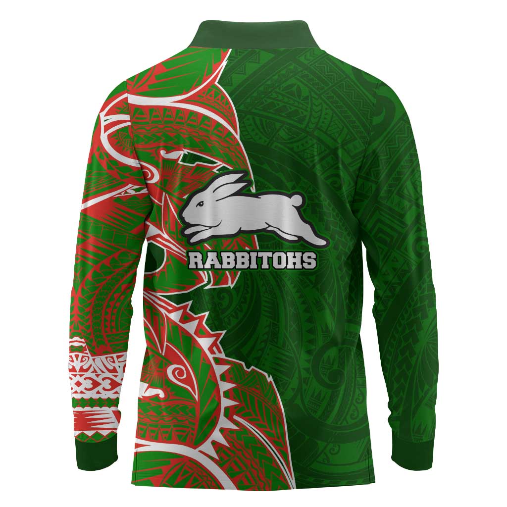 South Sydney Rabbitohs Long Sleeve Polo Shirt Polynesian Tribal Tattoo Pacific Sport Art