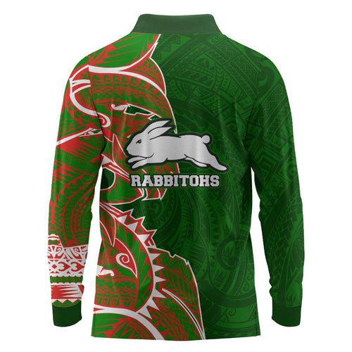 South Sydney Rabbitohs Long Sleeve Polo Shirt Polynesian Tribal Tattoo Pacific Sport Art