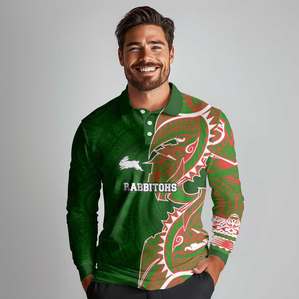 South Sydney Rabbitohs Long Sleeve Polo Shirt Polynesian Tribal Tattoo Pacific Sport Art