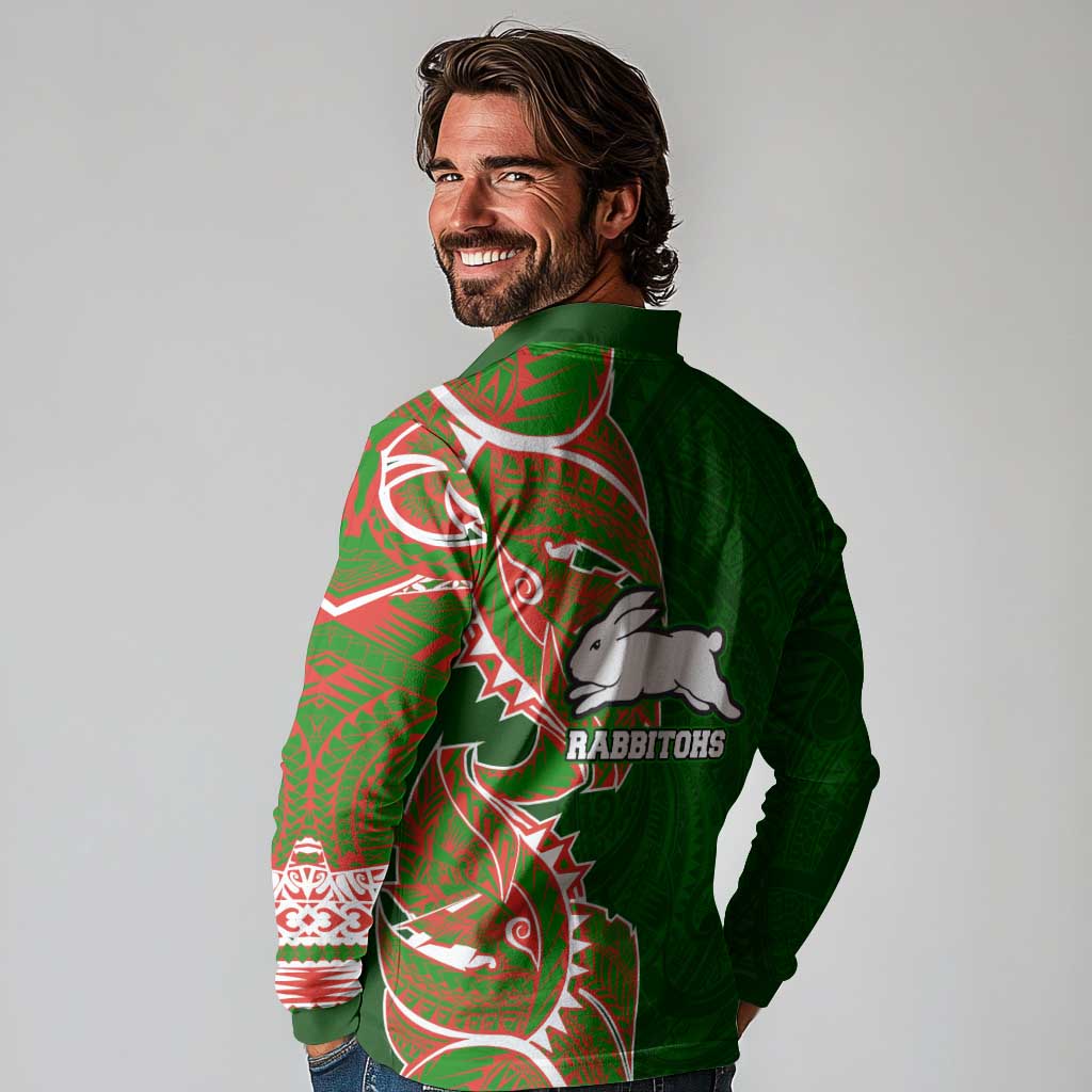 South Sydney Rabbitohs Long Sleeve Polo Shirt Polynesian Tribal Tattoo Pacific Sport Art