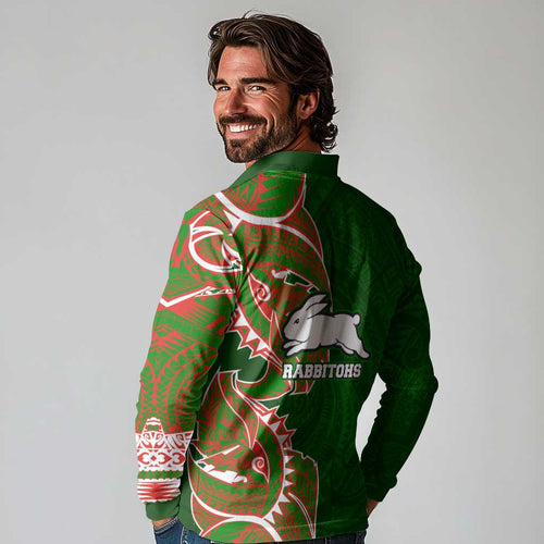 South Sydney Rabbitohs Long Sleeve Polo Shirt Polynesian Tribal Tattoo Pacific Sport Art