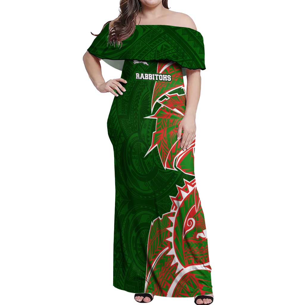 South Sydney Rabbitohs Off Shoulder Maxi Dress Polynesian Tribal Tattoo Pacific Sport Art