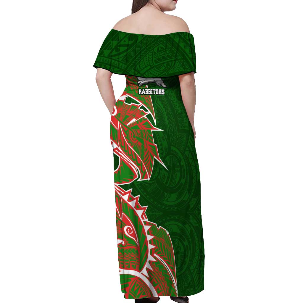 South Sydney Rabbitohs Off Shoulder Maxi Dress Polynesian Tribal Tattoo Pacific Sport Art