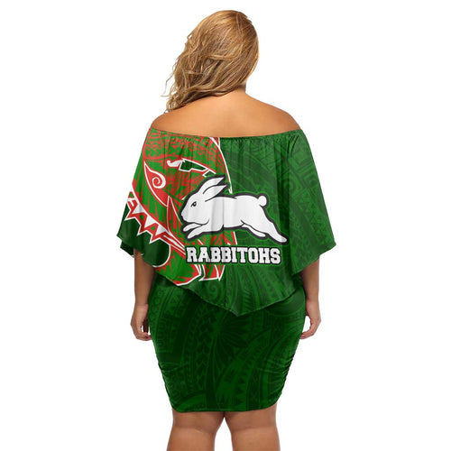 South Sydney Rabbitohs Off Shoulder Short Dress Polynesian Tribal Tattoo Pacific Sport Art