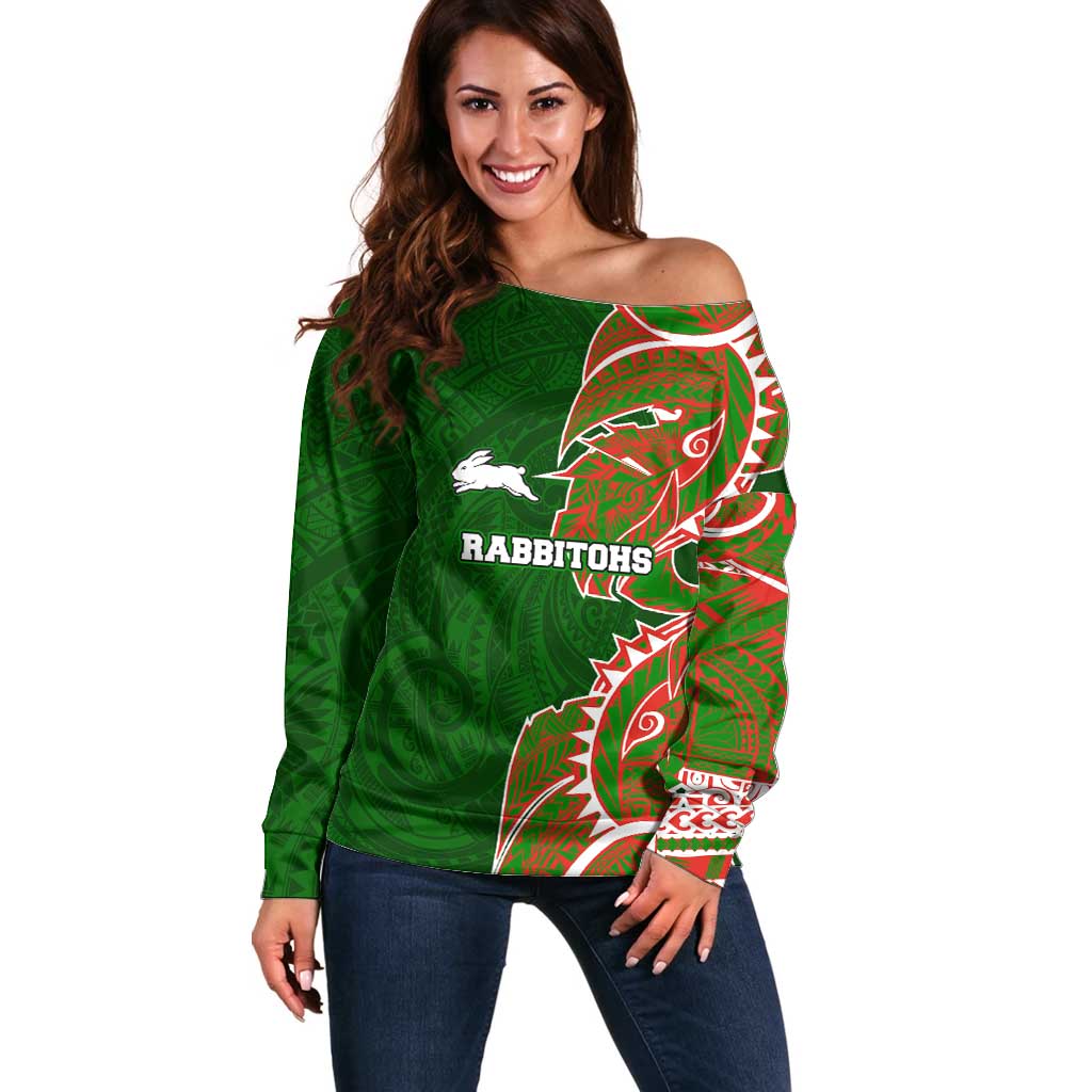 South Sydney Rabbitohs Off Shoulder Sweater Polynesian Tribal Tattoo Pacific Sport Art