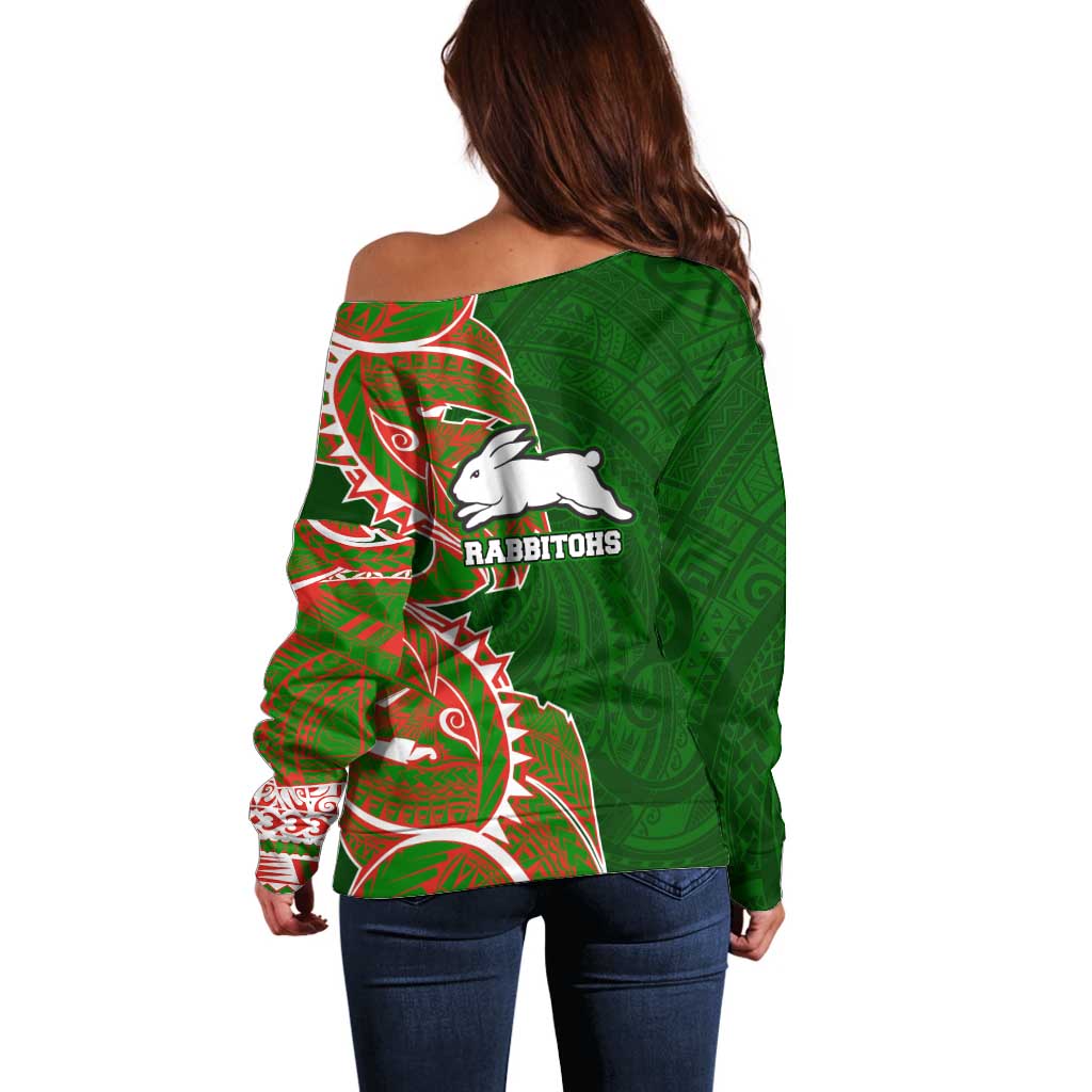 South Sydney Rabbitohs Off Shoulder Sweater Polynesian Tribal Tattoo Pacific Sport Art