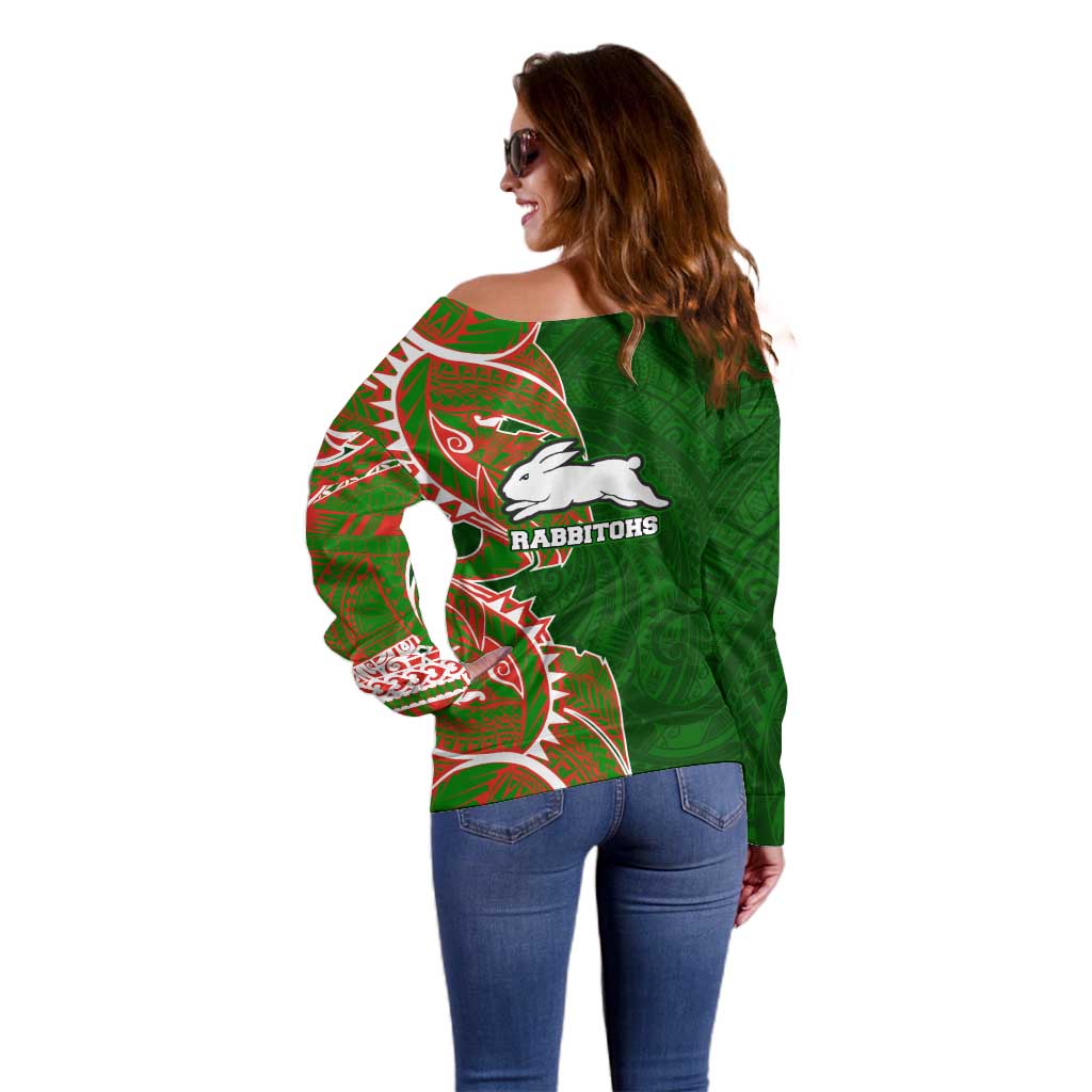 South Sydney Rabbitohs Off Shoulder Sweater Polynesian Tribal Tattoo Pacific Sport Art