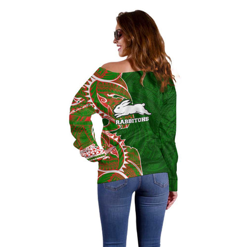 South Sydney Rabbitohs Off Shoulder Sweater Polynesian Tribal Tattoo Pacific Sport Art