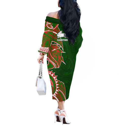 South Sydney Rabbitohs Off The Shoulder Long Sleeve Dress Polynesian Tribal Tattoo Pacific Sport Art