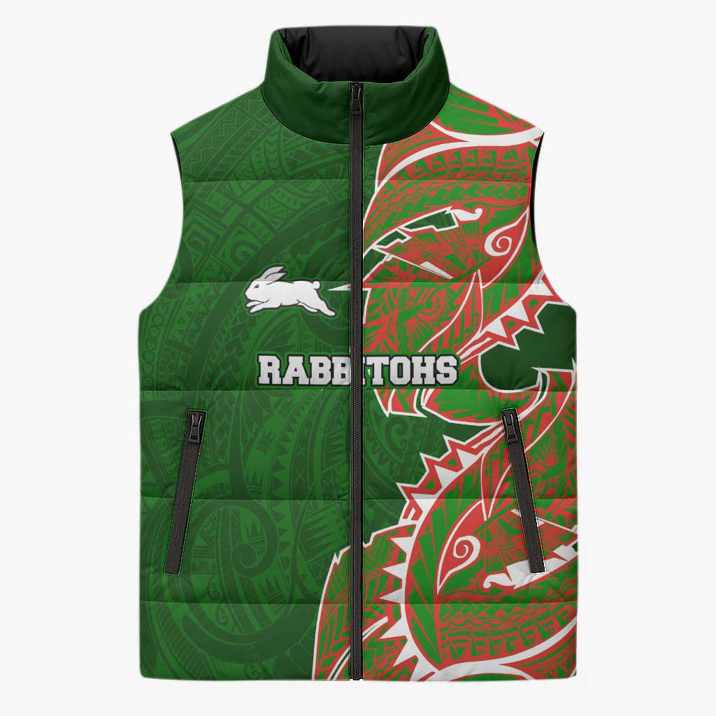 South Sydney Rabbitohs Sleeveless Puffer Jacket Polynesian Tribal Tattoo Pacific Sport Art