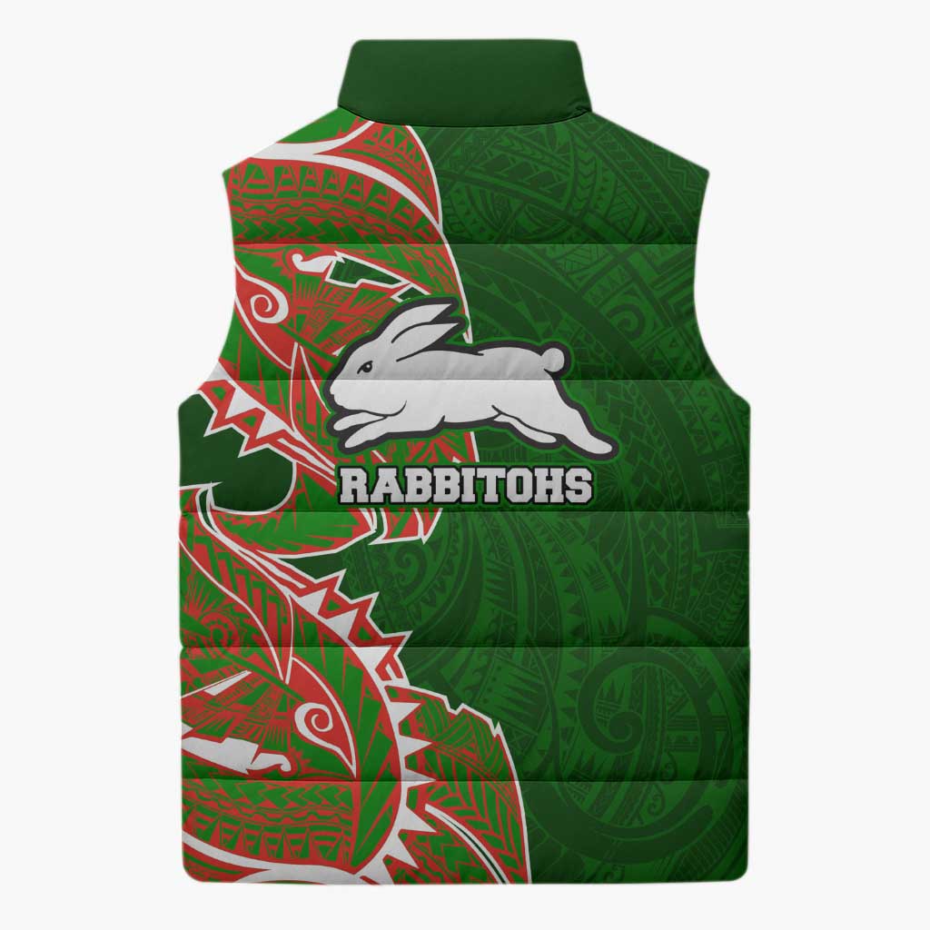 South Sydney Rabbitohs Sleeveless Puffer Jacket Polynesian Tribal Tattoo Pacific Sport Art