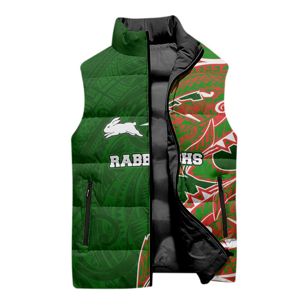 South Sydney Rabbitohs Sleeveless Puffer Jacket Polynesian Tribal Tattoo Pacific Sport Art