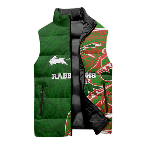 South Sydney Rabbitohs Sleeveless Puffer Jacket Polynesian Tribal Tattoo Pacific Sport Art