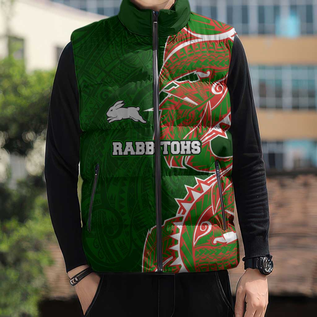 South Sydney Rabbitohs Sleeveless Puffer Jacket Polynesian Tribal Tattoo Pacific Sport Art